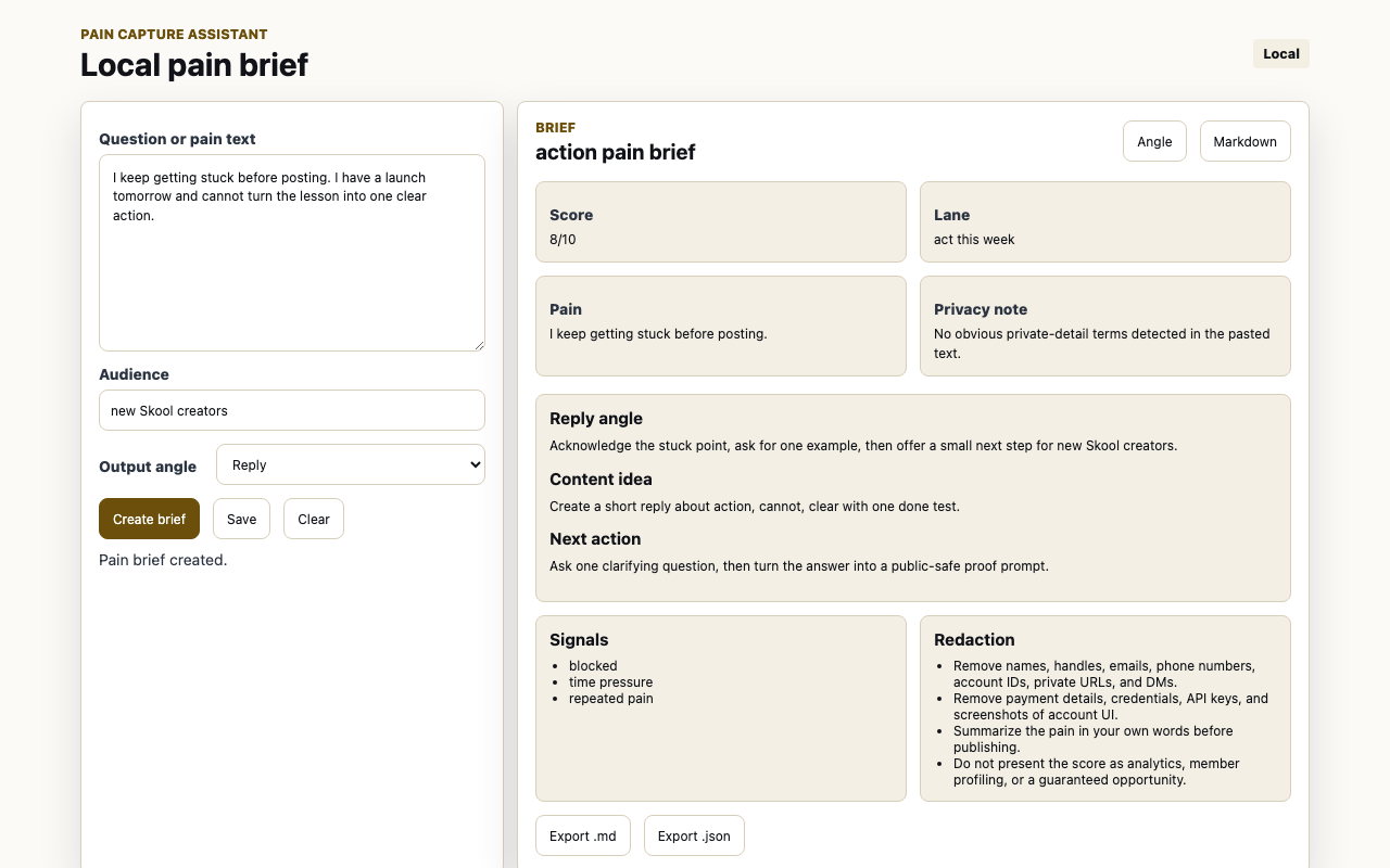 Pain Capture Assistant popup showing local pain brief output
