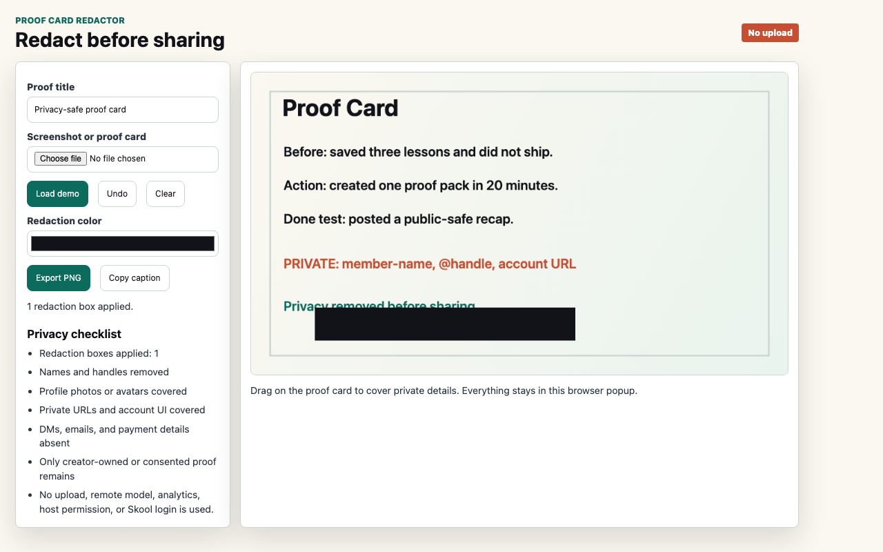 Proof Card Redactor popup showing a local redaction canvas and privacy checklist