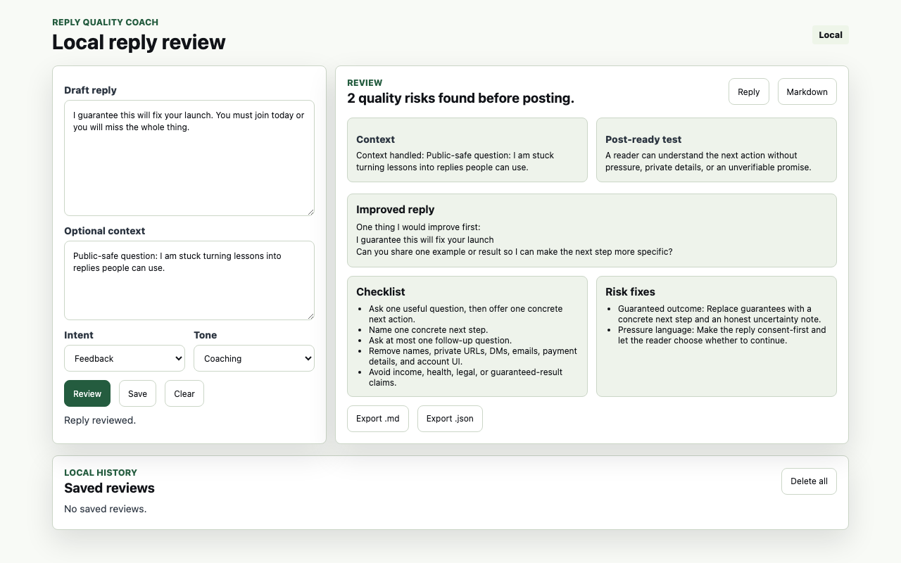 Reply Quality Coach popup showing local review output